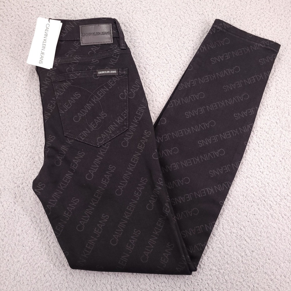 CALVIN KLEIN Jeans Womens Size 24 Mid Rise Slim Leg Logo Black Stretch Denim NEW